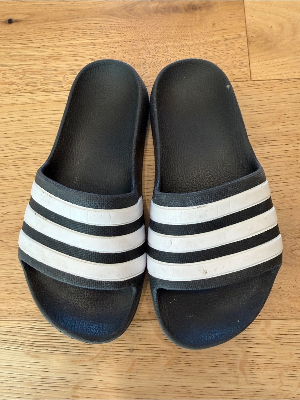 Adidas Kids Black and White Slide Sandals - Classic Striped Design 12T